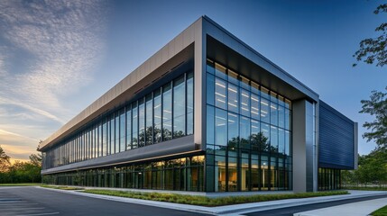 Obraz premium Exterior building with metal cladding, featuring sleek, durable panels that provide a modern, industrial look. The design combines metal with other materials like glass and stone for a dynamic facade
