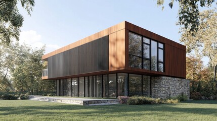 Fototapeta premium Exterior wall cladding for buildings, featuring a mix of metal, wood, and stone panels for a contemporary look. The cladding adds texture and depth to the building while providing durable protection