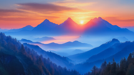 Obraz premium The mountains are covered in fog and the sun is setting behind them