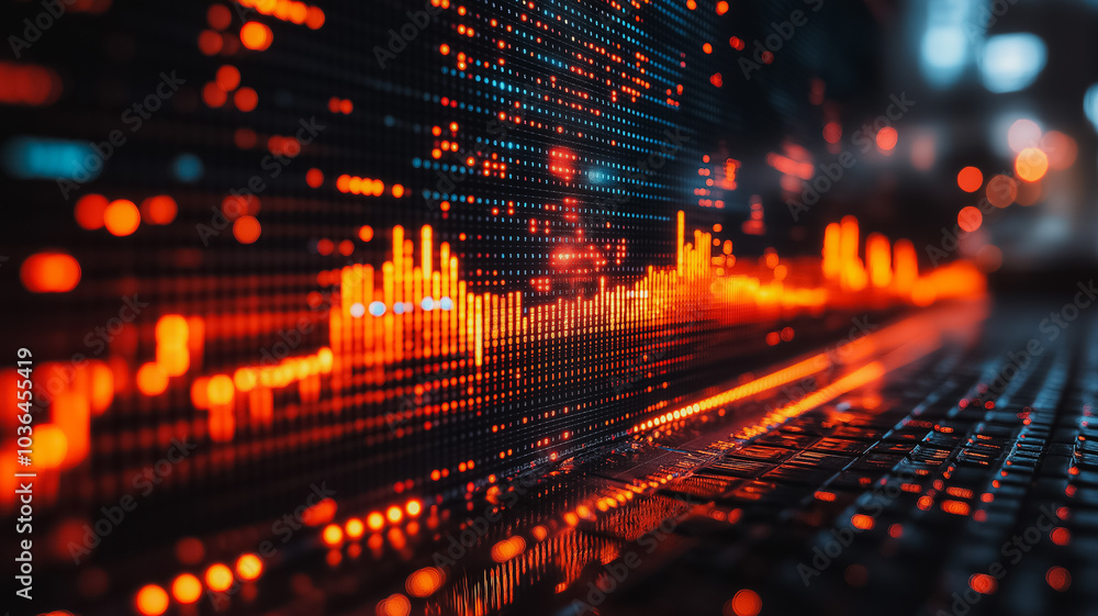 Poster a computer screen with a lot of orange lines and dots. the image is abstract and has a futuristic fe