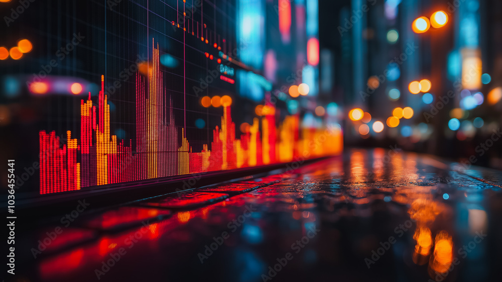 Aufkleber a city skyline with a large red line that is on a screen. the red line is a graph that shows the sto