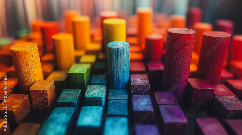 Poster a colorful image of wooden blocks in various colors and sizes. the blocks are arranged in a way that