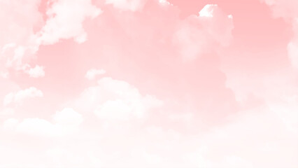 Pink sky with white clouds. Evening sky with clouds. Golden sunset. Pastel pale yellow coral peach pink rose beige white abstract background for design. Color gradient. Template.