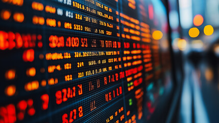 A stock market board with many numbers and red lights. Scene is intense and serious, as the numbers and lights suggest that the stock market is in a state of flux