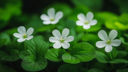 A group of white flowers are growing in a green field. The flowers are small and delicate, and they are surrounded by lush green leaves. The scene is peaceful and serene, with the flowers