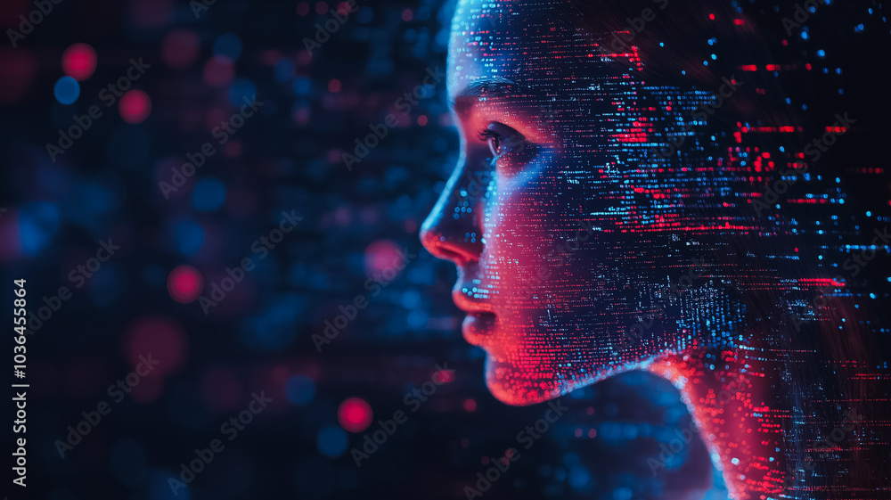 Poster a woman's face is shown in a digital image with a red and blue background. the image is abstract and