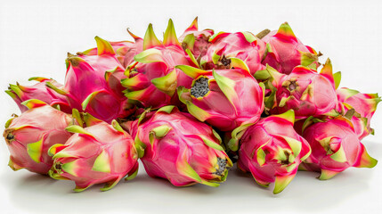A pile of vibrant pink dragon fruits with green spikes on a white background