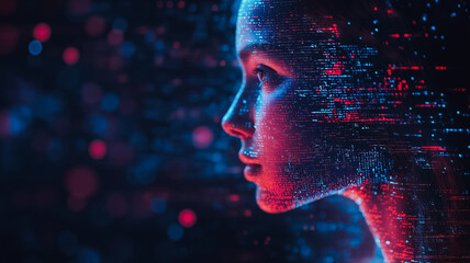 A woman's face is shown in a digital image with a red and blue background. The image is abstract and has a futuristic feel to it