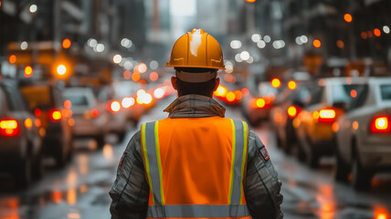 A man in a yellow hard hat stands in the middle of a busy street. The street is filled with cars and the man is wearing a reflective vest. The scene is chaotic and busy