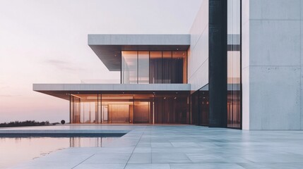Modern exterior building architecture, featuring a minimalist design with geometric shapes, large glass windows, and a mixture of concrete and metal finishes, creating a stylish and futuristic look