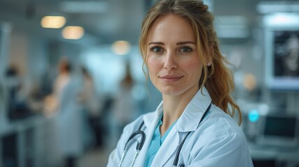 Fototapeta premium Portrait of a Confident Female Doctor in a Hospital Setting