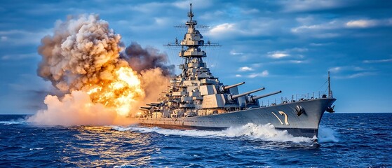 Obraz premium Battleship Firing Shells in Dramatic Ocean Scene