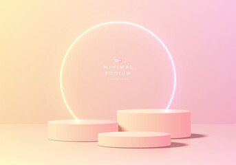 3D pink round podium with glow circle neon lighting background. Abstract geometric composition minimalist design. Studio display showroom stand product pedestal, Fashion stage showcase mockup scene.
