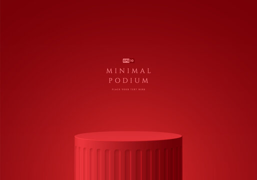 3D red round product podium in empty room. Abstract geometric composition in minimalist design. 3D Studio display showroom cosmetic stand product pedestal, Fashion stage showcase mockup wall scene.