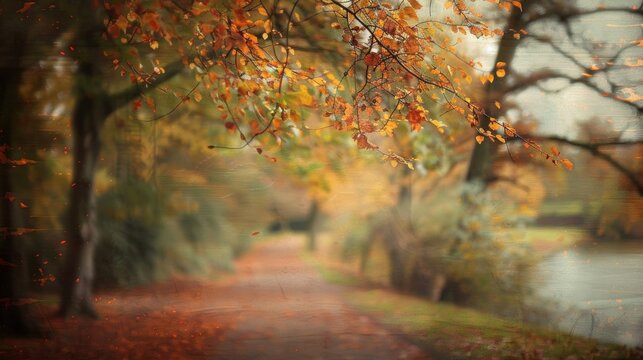 A subtle grainy overlay adds depth and texture to this image of blurred autumn leaves bringing to mind a peaceful stroll through a tranquil park