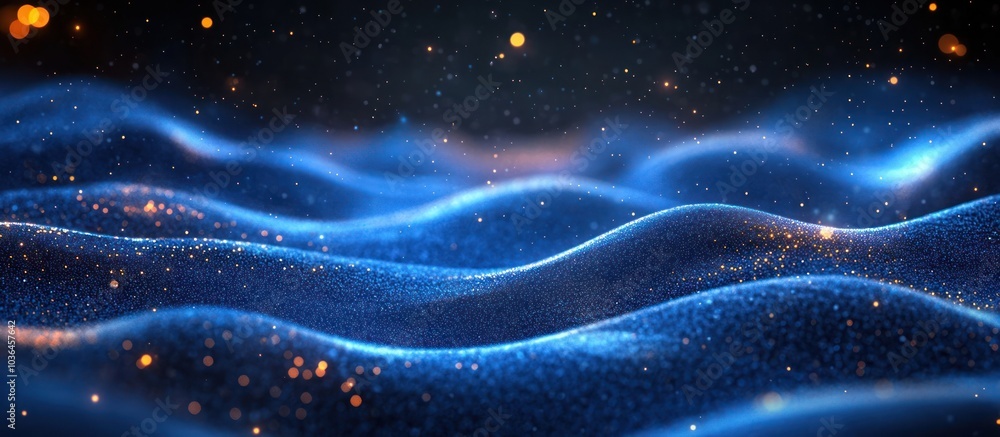 Poster Abstract blue waves with glowing particles.