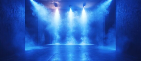 Naklejka premium Empty stage with blue spotlights and fog.