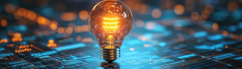 Light bulb on circuit board, glowing and bright