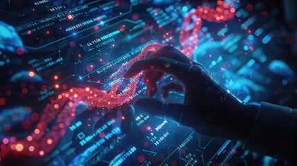 A close-up of a DNA strand being synthesized on a digital interface, with a researcher inputting custom genetic sequences to design new biological systems.