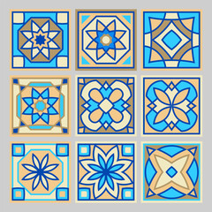 Set of vector hand drawn pattern of square ceramic tile. Ornate patchwork pattern design. Typical Mediterranean floor and wall tiles in different patterns in blue, brown yellow and white color