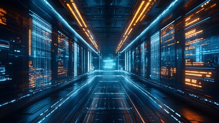 Obraz premium Light corridor in modern cyber sci fi corridor. 
