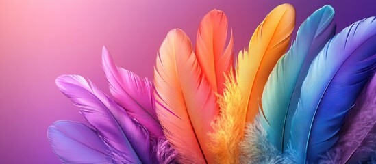 Obraz premium Colorful feathers arranged in a rainbow pattern on a pink background.