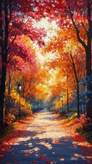 Fototapeta premium Autumn Path Illustration - Colorful Fall Foliage, Trees, Pathway, Sunbeams, Streetlights