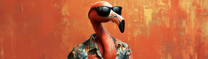A stylish flamingo wearing sunglasses and a floral shirt poses against an orange textured background.