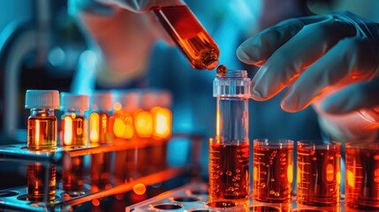 Close-up of researcher's hands holding vials of anti-cancer drugs in preparation for testing their effectiveness on cancer cells.