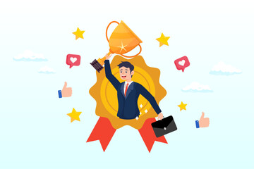 1728Employee of the month award winner, high performance champion, gold medal reward, success or victory recognition prize, leadership or achievement concept, success businessman holding trophy badge