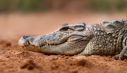 Fototapeta premium A close-up of a crocodile’s snout breaking through turf, dirt clinging to its rough skin.