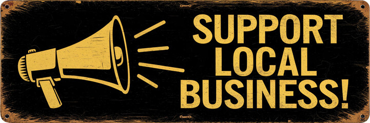 Yellow megaphone with "Support Local Business!" in bold yellow text on a distressed black background. The weathered design and metal-effect texture give this image a rustic, vintage look, ideal 