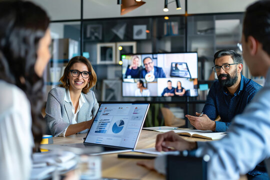 Salesperson explaining product details in a video call, using digital whiteboard, customer watching intently