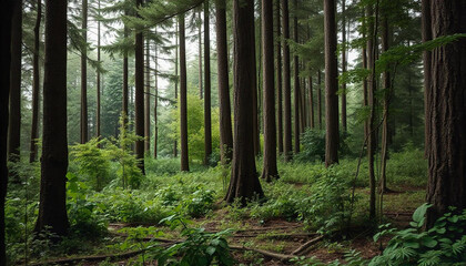 Obraz premium Green background forest in the morning