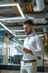 Fototapeta premium Engineer using tablet to adjust smart HVAC system, modern office, energy-efficient lighting automatically dimming