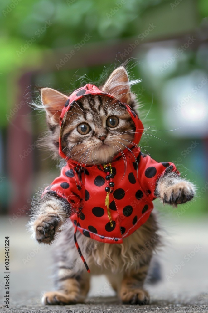 Poster A cute kitten in a red and black polka dot hoodie. AI.