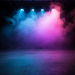 Obraz premium Hyper-Realistic Dark Room with Fog, Neon Lights, Empty Stage, and Concrete Background for a Mysterious Vibe
