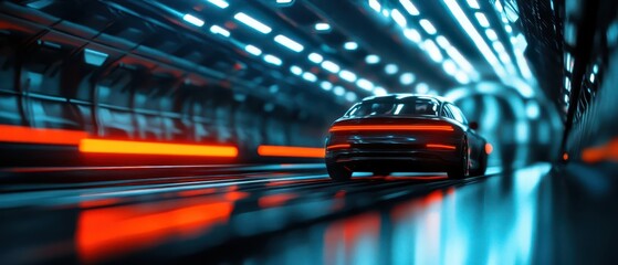 Sleek car racing through a futuristic tunnel, illuminated with vibrant neon lights.