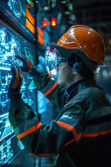 Fototapeta premium Worker adjusting smart helmet with built-in sensors, factory setting, safety protocols displayed on screens