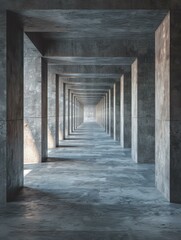 Obraz premium Concrete pillars create a long, narrow corridor. AI.