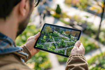 Designer using digital tool to create green spaces, rooftop gardens, and bike lanes on tablet screens