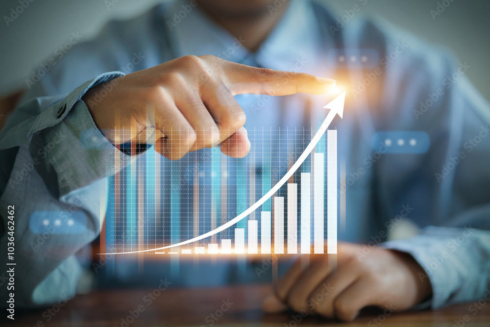 Poster a man is pointing at a graph with a rising line