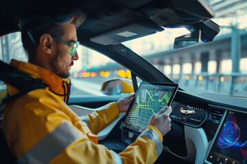 Engineer monitoring autonomous car test, holding tablet, analyzing real-time data, vehicle on test track
