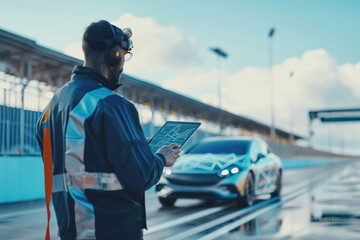 Engineer monitoring autonomous car test, holding tablet, analyzing real-time data, vehicle on test track