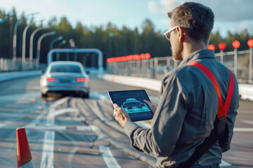 Engineer monitoring autonomous car test, holding tablet, analyzing real-time data, vehicle on test track
