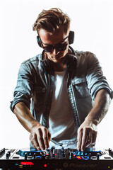 Dynamic male dj creating uplifting beats against a pure white background