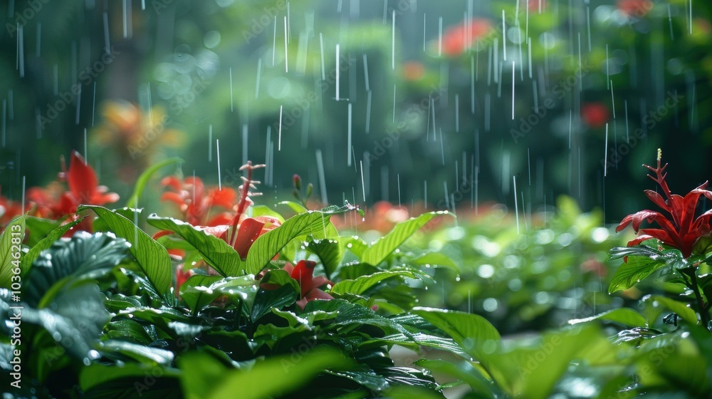 Poster Red flowers bloom in the rain. AI.