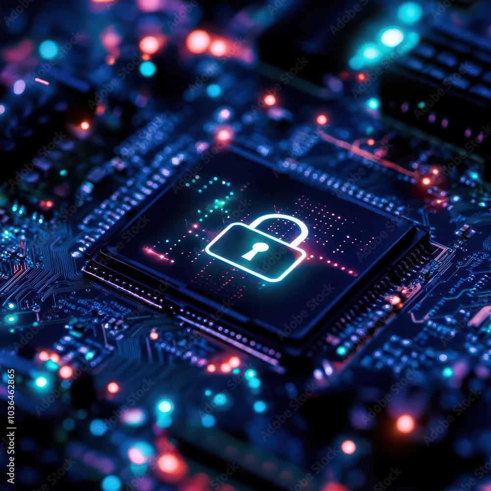 Poster digital security concept with a motherboard closeup and a glowing padlock, representing secure conne