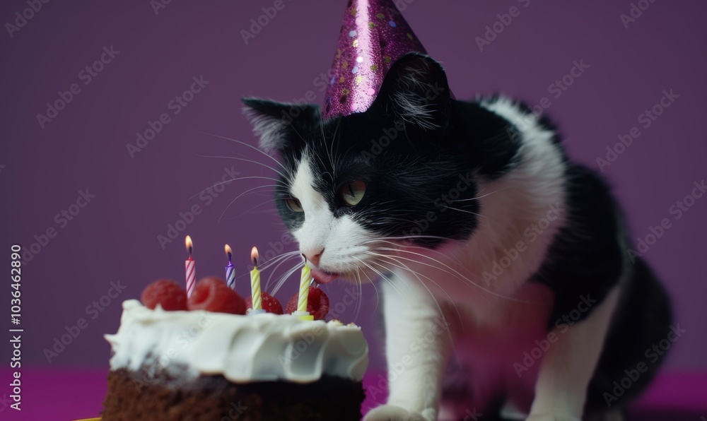 Wall mural A cat wearing a party hat licks a birthday cake with candles. AI.