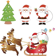 christmas　クリスマス　サンタクロース　ソリ　トナカイ　プレゼント　飾り　イラスト素材